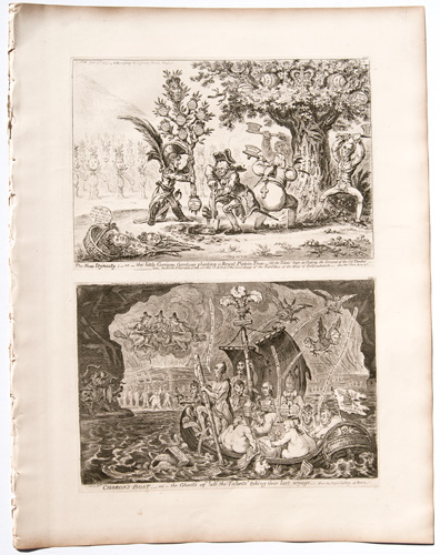 original James Gillray prints The New Dynasty; or, The Little Corsican Gardner Planting a Royl Pippin Tree
Charon's Boat; or, the Ghosts of All The Talents Taking Their Last Voyage, from the Pope's Gallery at Rome